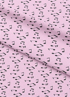 Tecido Microfibra Estampa Digital Nota Musical Preto Fundo Rosa 1,55m de Largura
