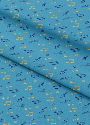 Tecido Microfibra Estampa Digital Notas Musicais Amarelo Fundo Azul 1,55m de Largura