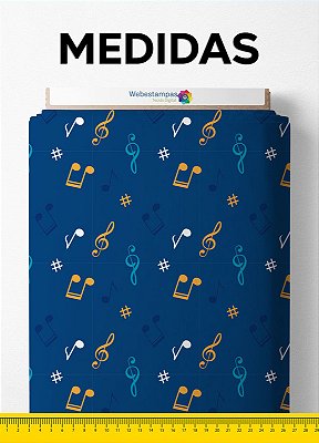 Tecido Microfibra Estampa Digital Notas Musicais Amarelo Fundo Marinho 1,55m de Largura