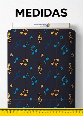 Tecido Microfibra Estampa Digital Notas Musicais Fundo Preto 1,55m de Largura