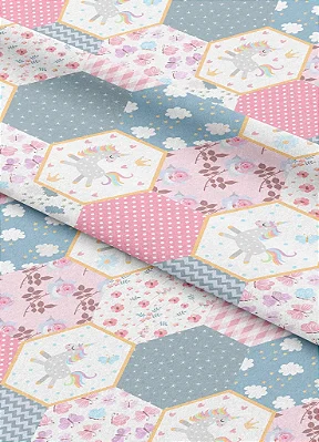 Tecido Microfibra Estampa Digital Colmeia Floral Azul e Rosa 1,55m de Largura