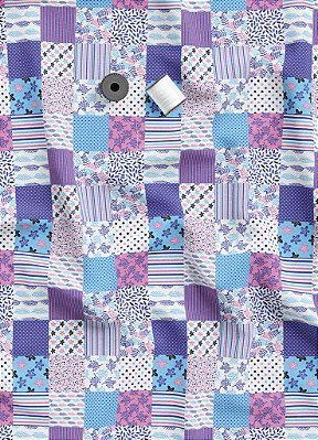 Tecido Microfibra Estampa Digital Linhas e Flores Azul e Lilas 1,55m de Largura