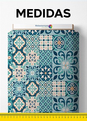 Tecido Microfibra Estampa Digital Mosaico Azulejo Azul 1,55m de Largura