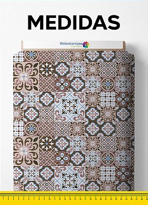 Tecido Microfibra Estampa Digital Mosaico Azulejo Marrom 1,55m de Largura