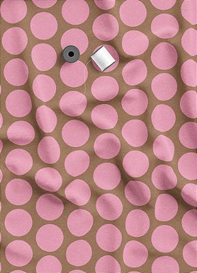 Tecido Microfibra Estampa Digital  Poa Grande Rosa Fundo Marrom 1,55m de Largura