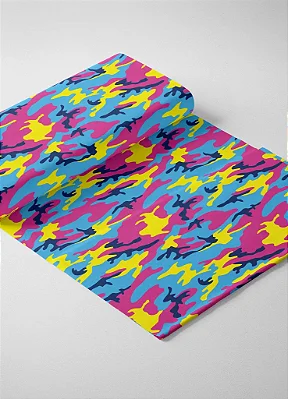 Tecido Microfibra Estampa Digital Camuflada Rosa, Azul e Amarela 1,55m de Largura