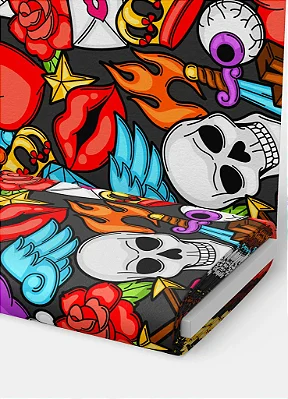 Tecido Microfibra Estampa Digital Caveira Tatuagens Coloridas 1,55m de Largura