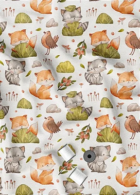 Tecido Tricoline Estampa Digital Aquarela Animais Da Floresta 1,50m de Largura