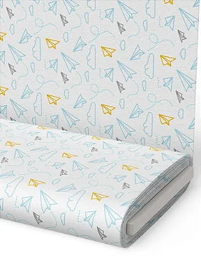 Tecido Tricoline Estampa Digital Avião de Papel e Nuvem Azul 1,50m de Largura
