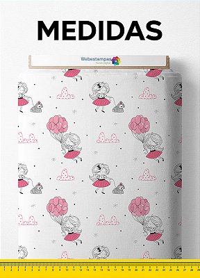Tecido Tricoline Estampa Digital Menina Balão 1,50m de Largura