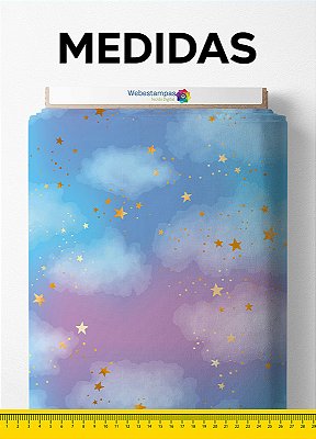 Tecido Tricoline Estampa Digital Céu Colorido Com Estrelas Douradas 1,50m de Largura
