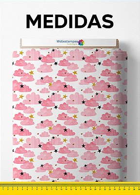 Tecido Tricoline Estampa Digital Nuvens Rosa Com Estrelas 1,50m de Largura
