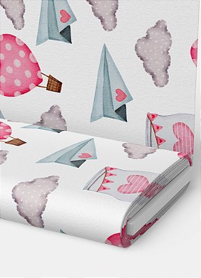 Tecido Oxford Estampa Digital Avião de Papel, Balões e Nuvens 1,55m de Largura