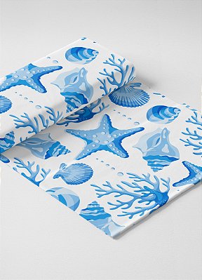Tecido Oxford Estampa Digital  Conchas e Estrelas Azul 1,55m de Largura