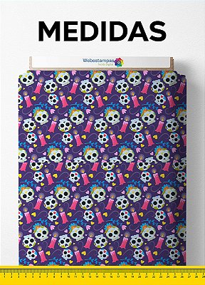 Tecido Oxford Estampa Digital Caveira Mexicana Fundo Roxo 1,55m de Largura