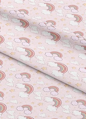 Tecido Oxford Estampa Digital Arco Íris e Nuvem Rosa 1,55m de Largura