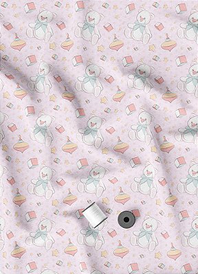 Tecido Oxford Estampa Digital Ursinho e Pião Rosa 1,55m de Largura