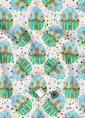 Tecido Oxford Estampa Digital Templos Branco e Azul 1,55m de Largura