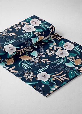Tecido Oxford Estampa Digital Floral Branco e Palha Fundo Marinho 1,55m de Largura