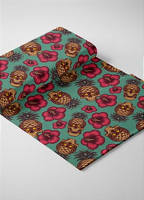 Tecido Oxford Estampa Digital Caveira Floral Dourada 1,55m de Largura