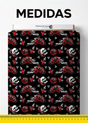 Tecido Oxford Estampa Digital Caveiras e Rosas Fundo Preto 1,55m de Largura