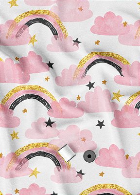 Tecido Oxford Estampa Digital Arco Iris Dourado e Nuvem Rosa 1,55m de Largura