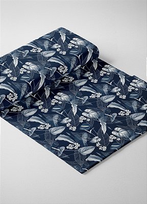 Tecido Oxford Estampa Digital Folhas Brancas Fundo Marinho 1,55m de Largura
