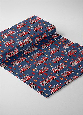 Tecido Veludo Suede Estampa Digital Bombeiros Fundo Azul 1,40m de Largura