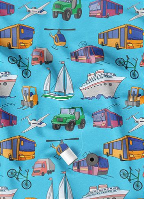 Tecido Veludo Suede Estampa Digital Transportes Fundo Azul 1,40m de Largura