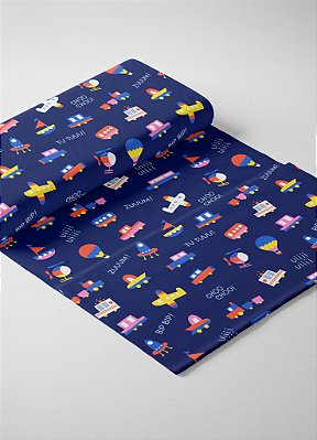 Tecido Veludo Suede Estampa Digital Transportes Fundo Marinho 1,40m de Largura