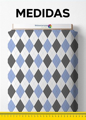 Tecido Veludo Suede Estampa Digital Xadrez Losango Azul e Cinza 1,40m de Largura