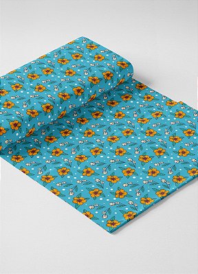 Tecido Veludo Suede Estampa Digital  Flores Amarelas Fundo Azul 1,40m de Largura