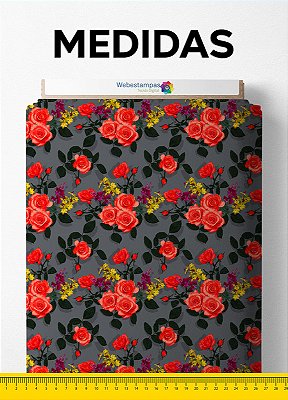 Tecido Veludo Suede Estampa Digital  Rosas Fundo Cinza 1,40m de Largura