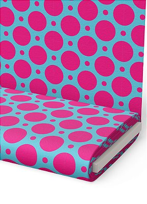 Tecido Veludo Suede Estampa Digital  Bolinhas Pink Fundo Azul 1,40m de Largura