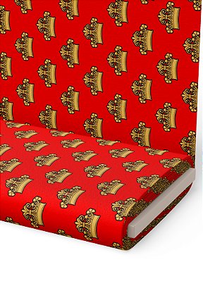 Tecido Veludo Suede Estampa Digital  Coroa Imperial Fundo Vermelho 1,40m de Largura