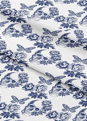 Tecido Veludo Suede Estampa Digital Caveiras Flores e Borboletas 1,40m de Largura