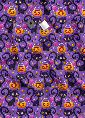 Tecido Veludo Suede Estampa Digital Gato Preto Halloween 1,40m de Largura
