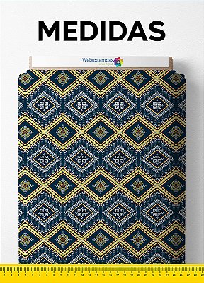 Tecido Veludo Suede Estampa Digital Étnica Azul Marinho com Amarelo 1,40m de Largura