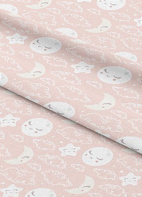 Tecido Veludo Suede Estampa Digital Lua e Estrela Fundo Rosa 1,40m de Largura