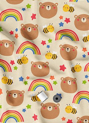 Tecido Veludo Suede Estampa Digital Urso, Abelhinha e Arco-Íris 1,40m de Largura