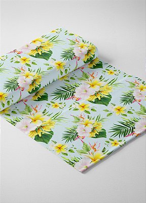 Tecido Veludo Suede Estampa Digital Flores e Ramos Amarelo Fundo Azul 1,40m de Largura