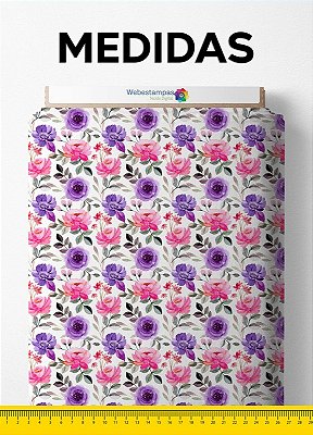 Tecido Veludo Suede Estampa Digital Rosas Roxa e Rosa Fundo Branco 1,40m de Largura