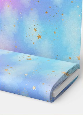 Tecido Veludo Suede Estampa Digital Céu Colorido Com Estrelas Douradas 1,40m de Largura