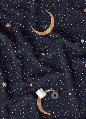 Tecido Veludo Suede Estampa Digital Lua e Estrelas Minimalista Marinho 1,40m de Largura