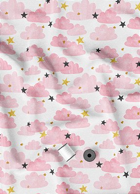 Tecido Veludo Suede Estampa Digital Nuvens Rosa Com Estrelas 1,40m de Largura