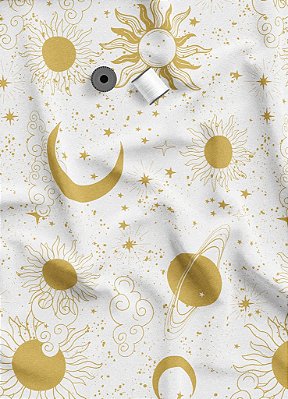 Tecido Veludo Suede Estampa Digital Planetas Dourado Fundo Branco 1,40m de Largura