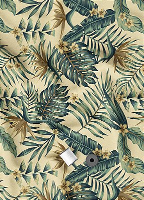 Tecido Veludo Suede Estampa Digital Folhas Verde e Palha 1,40m de Largura