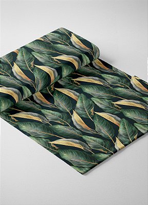 Tecido Veludo Suede Estampa Digital Folhas Verde Fundo Preto 1,40m de Largura