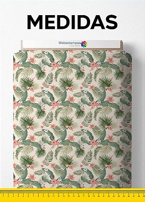 Tecido Veludo Suede Estampa Digital Folhas Verdes Flores Rosa 1,40m de Largura