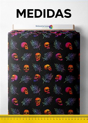 Tecido Tactel Estampa Digital Caveira com Folhas Neon 1,55m de Largura